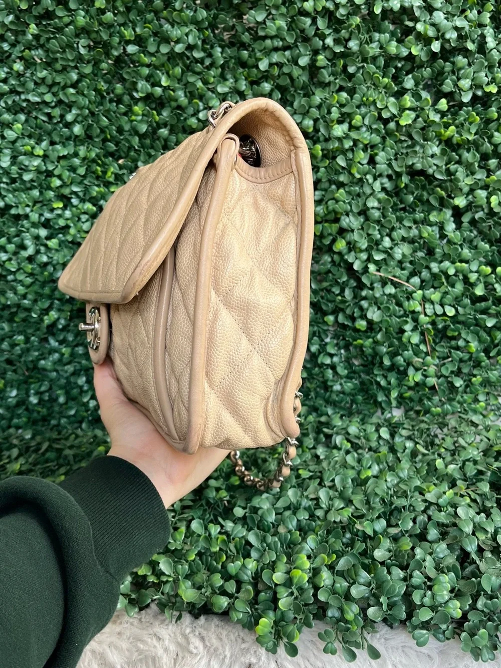 CHANEL Beige Quilted Leather Shoulder Bag with Silver-Tone CC